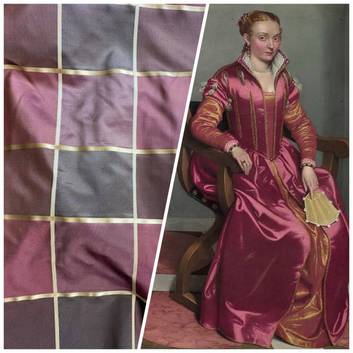 NEW Contessa Lucia 100% Silk Taffeta Plaid Tartan Berry and Gold Fabric for wholesale by Fancy Styles Fabric