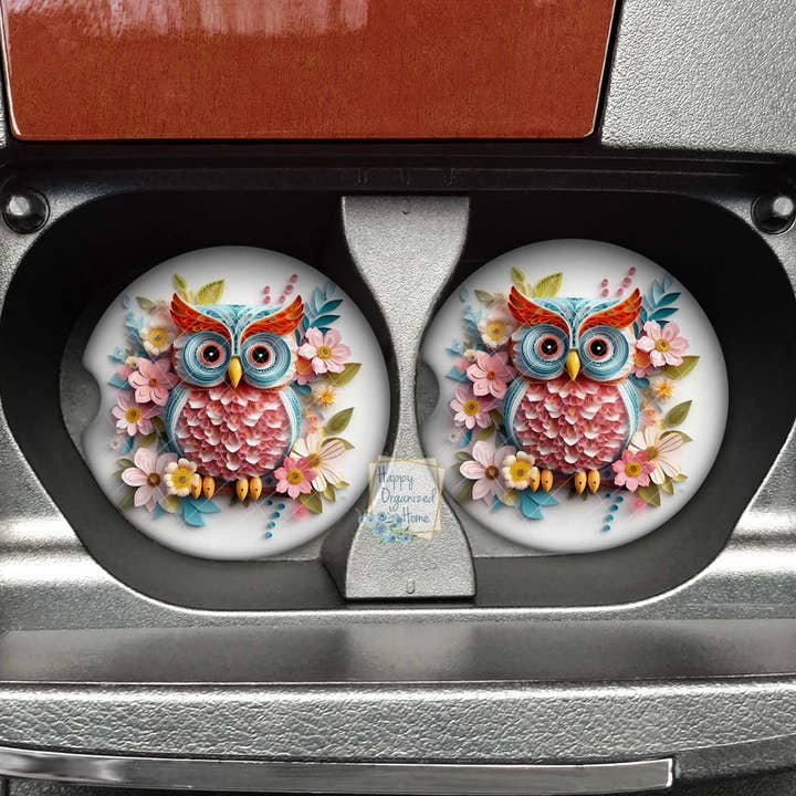 Floral Owl Car Coaster neoprene for wholesale by Happy Organized Home