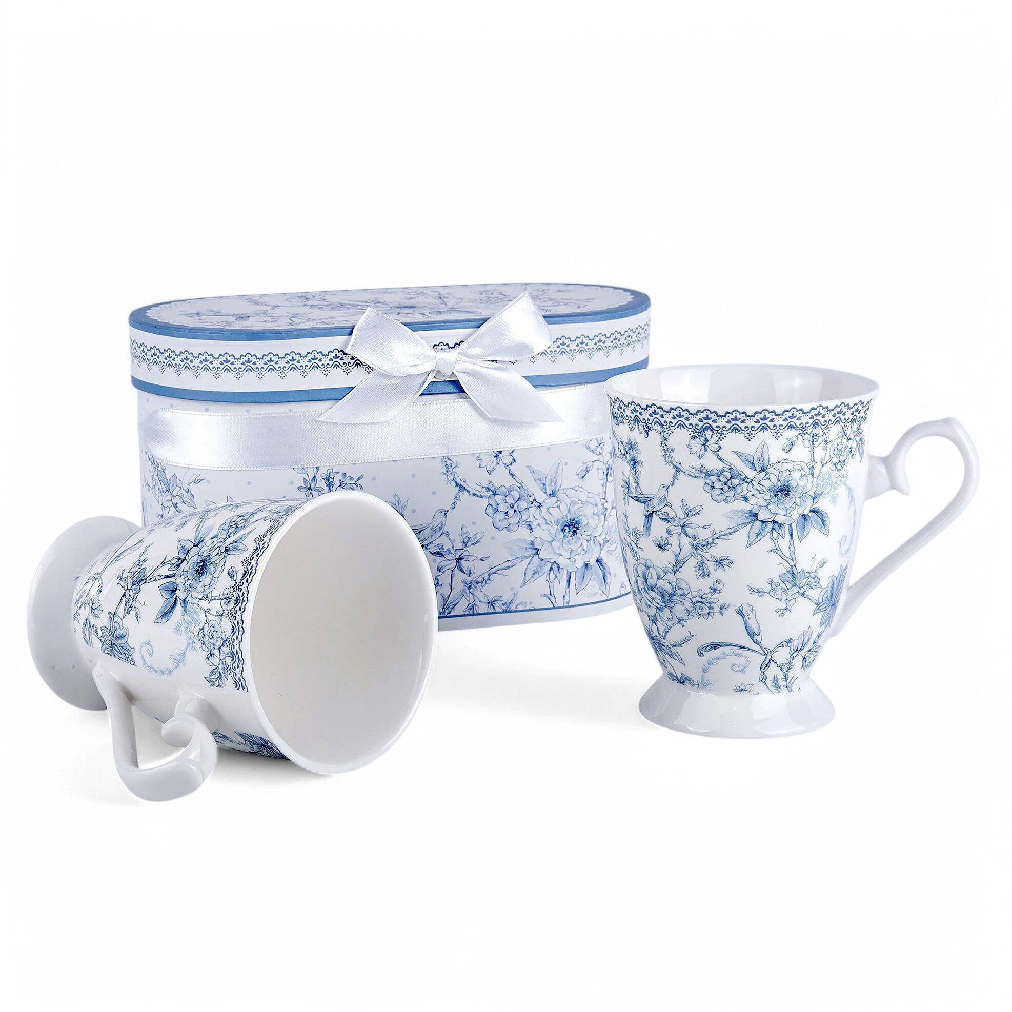 STP - Vente Tasse à café - Ensemble de 2 tasses à thé/café en porcelaine fine à fleurs bleues avec boîte cadeau2