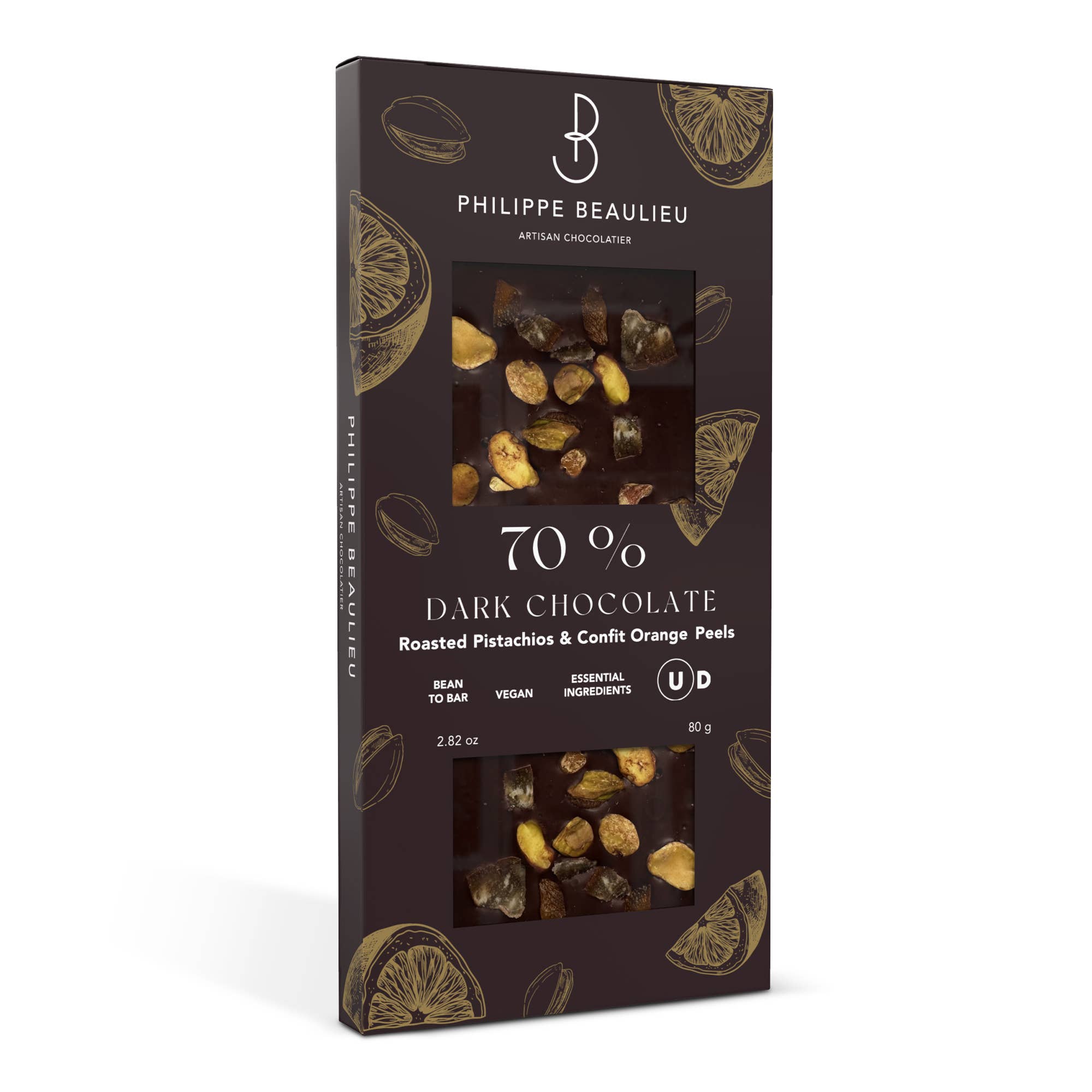 Philippe Beaulieu Artisan Chocolatier - Wholesale Chocolate Bar - Chocolate Bar -70% Dark Confit Oranges & Roasted Pistachios1