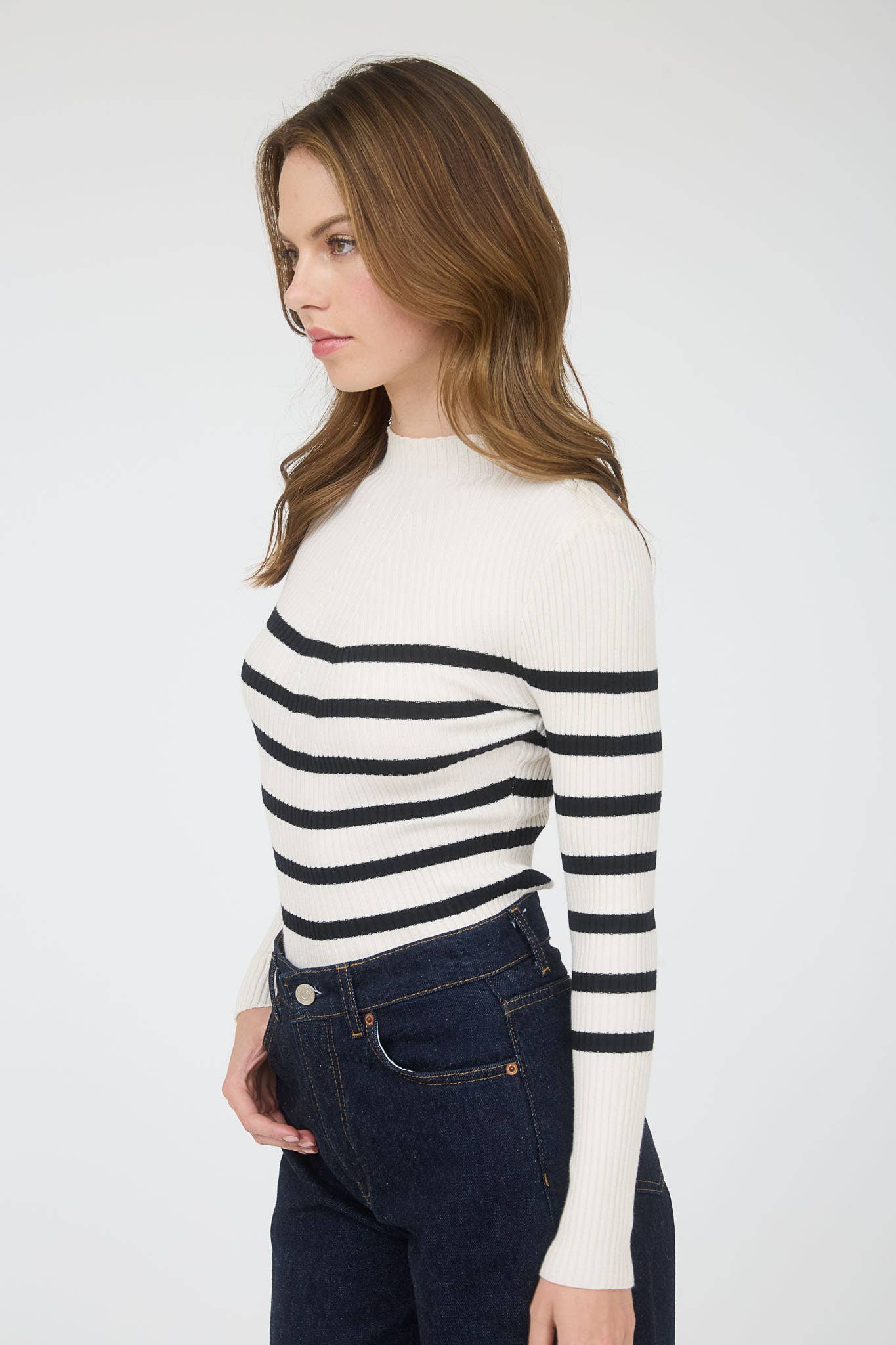 The Workshop Studio - Wholesale Knit Sweater - Women's - MOCK NECK STRIPE LONG SLEEVE SWEATER KNIT PULLOVER22