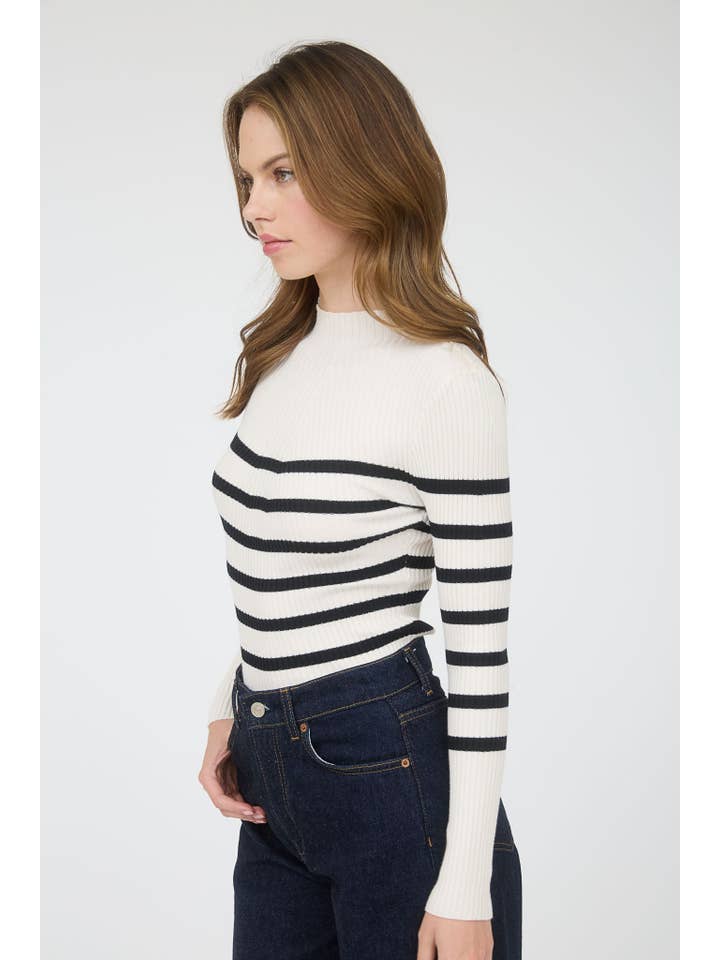 The Workshop Studio - Wholesale Knit Sweater - Women's - MOCK NECK STRIPE LONG SLEEVE SWEATER KNIT PULLOVER22