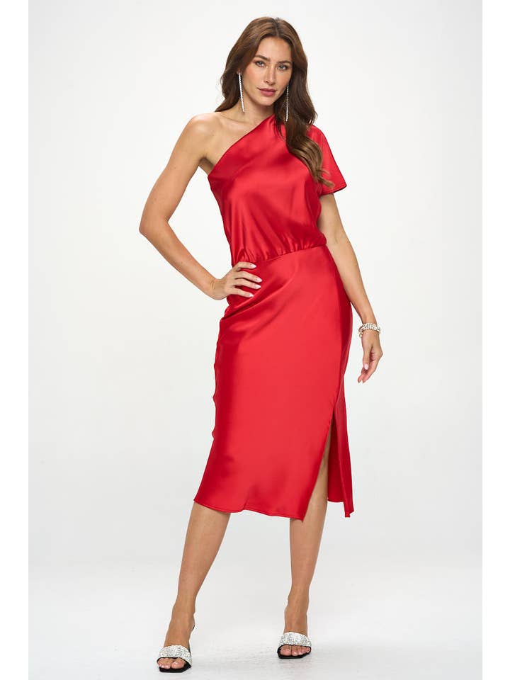 Red Made in USA Stretch Satin One Shoulder Dress for wholesale on Faire4