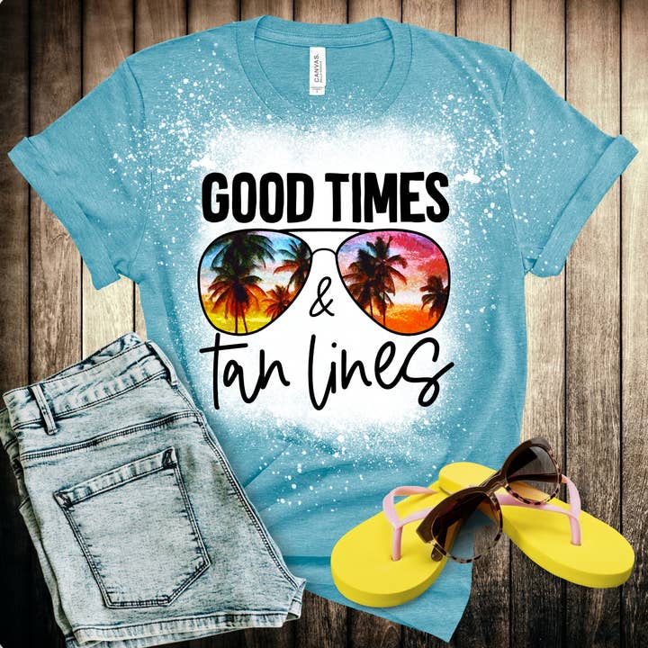 Boutique Bleached T-Shirt, Good Times & Tan Lines, Summer for wholesale by Curlee Q & Co.