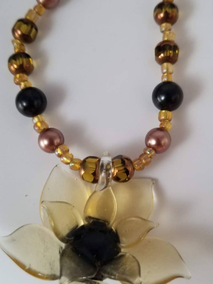 Earth Tone Glass Beads with Glass Flower Pendant With Matching Earrings for wholesale by Handcrafted Jewelry By Teri C