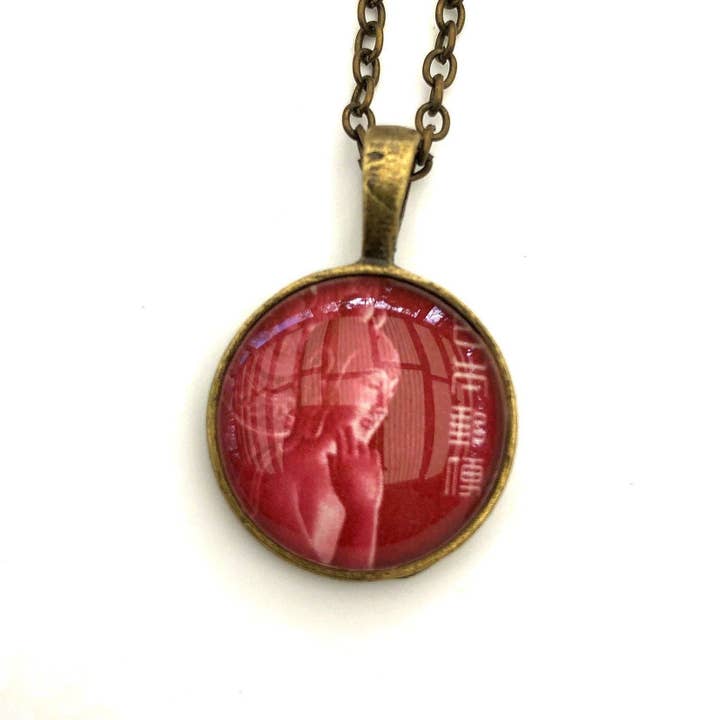 1967 Deep Red Nyoirin Kannon Chūgū-ji Temple, Nara Japan Stamp - Postage Stamp Jewelry - Vintage Postage Stamp Necklace - Antique Bronze for wholesale by Postage Stamp Jewelry