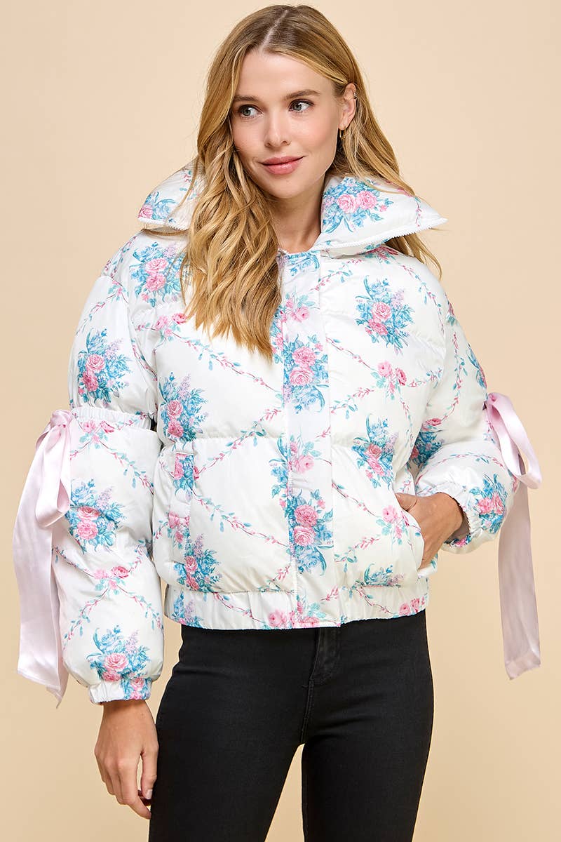 TCEC - Wholesale Puffer Jacket - Women's - CJ6546-Floral Print Bow Knot Elbow String Puffer Jacket2