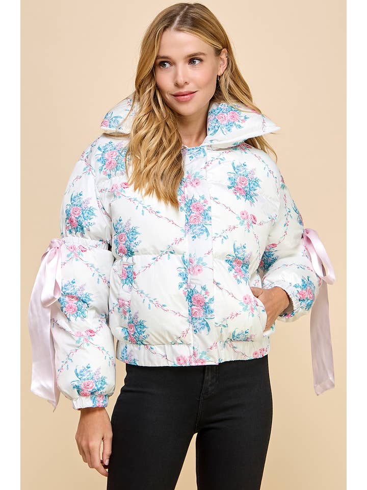 TCEC - Wholesale Puffer Jacket - Women's - CJ6546-Floral Print Bow Knot Elbow String Puffer Jacket2