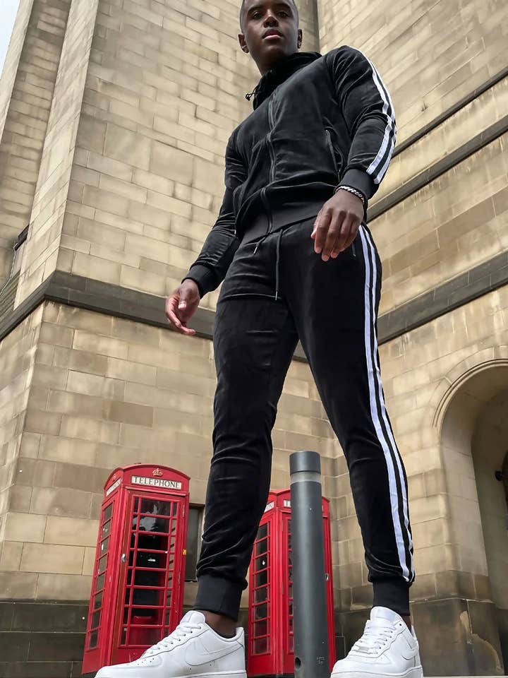 justyouroutfit – wholesale Tracksuit – Men′s – Mens Velvet Twin Side Stripe Hooded Skinny Fit Tracksuit2