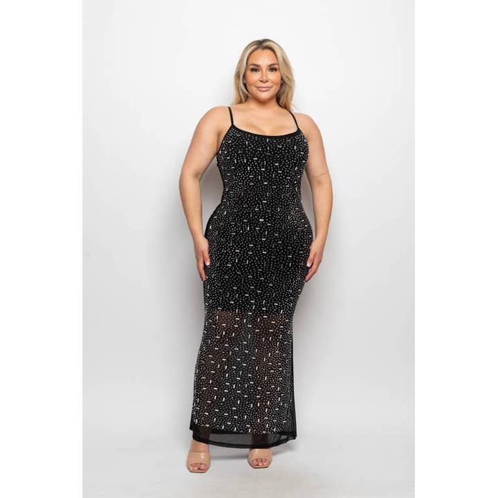 Black PLUS SIZE MESH RHINESTONE STUDDED BODYCON MAXI DRESS for wholesale on Faire