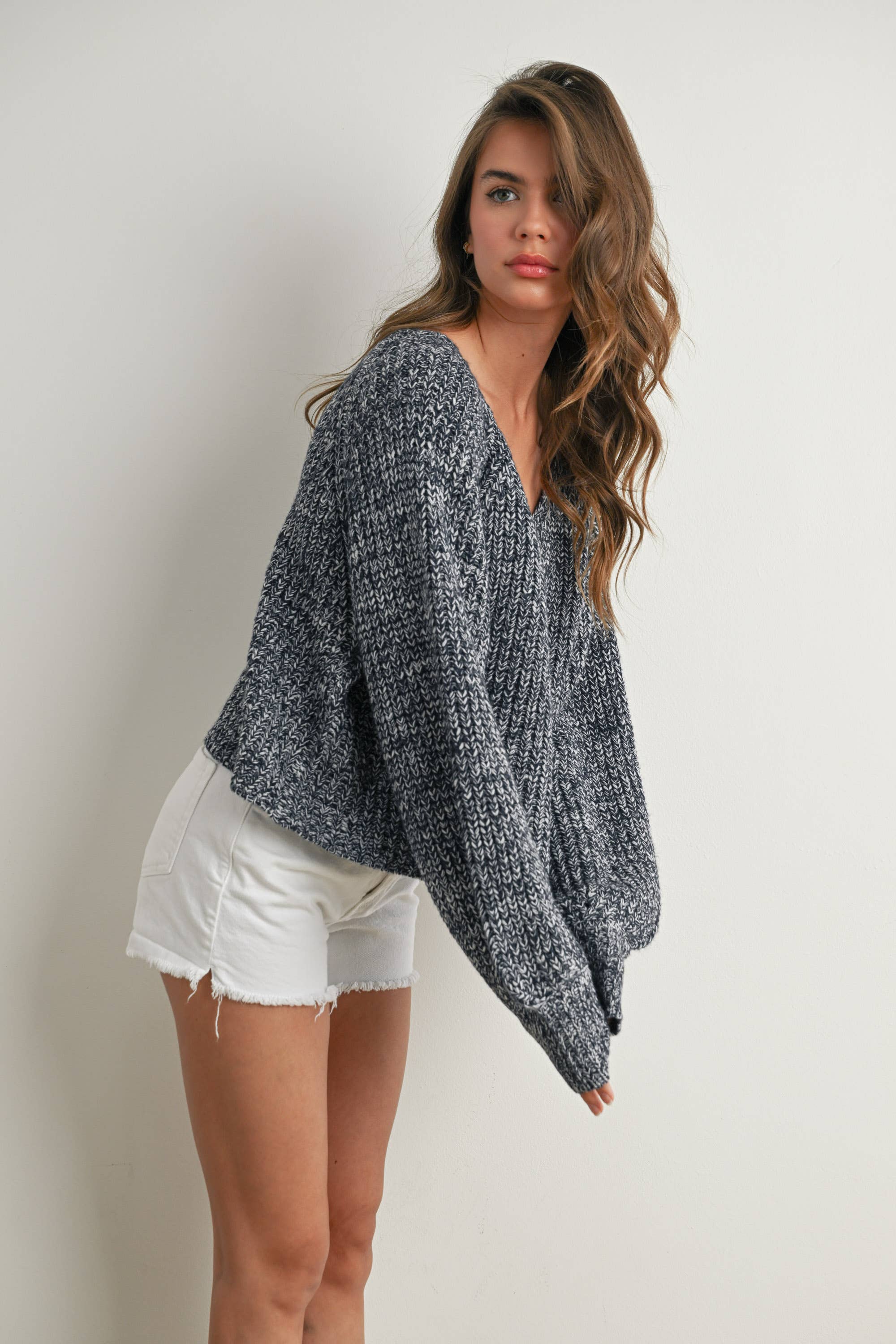 BUTTERMELON - Wholesale Knit Sweater - Women's - Tie-Back V-Neck Drop Shoulder Long Sleeve Top - BMW78109