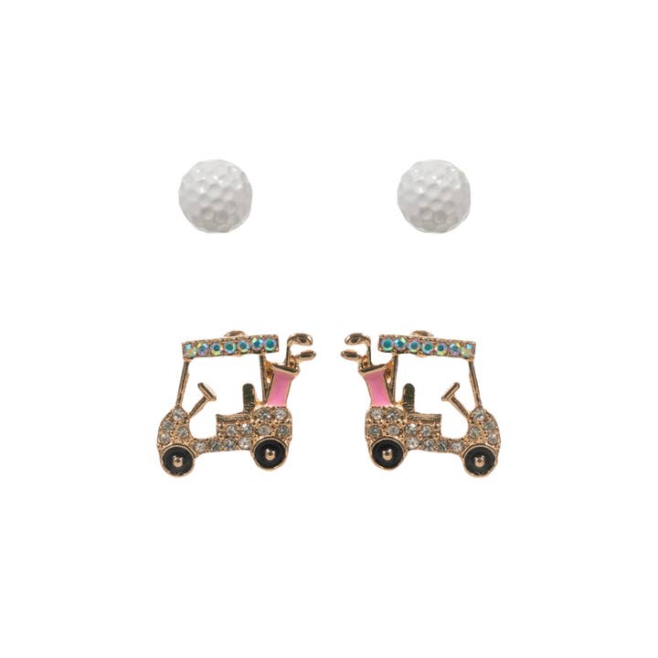 Set of 2 White Golf Balls & Pink Golf Cart Stud Earrings for wholesale by Jane Marie