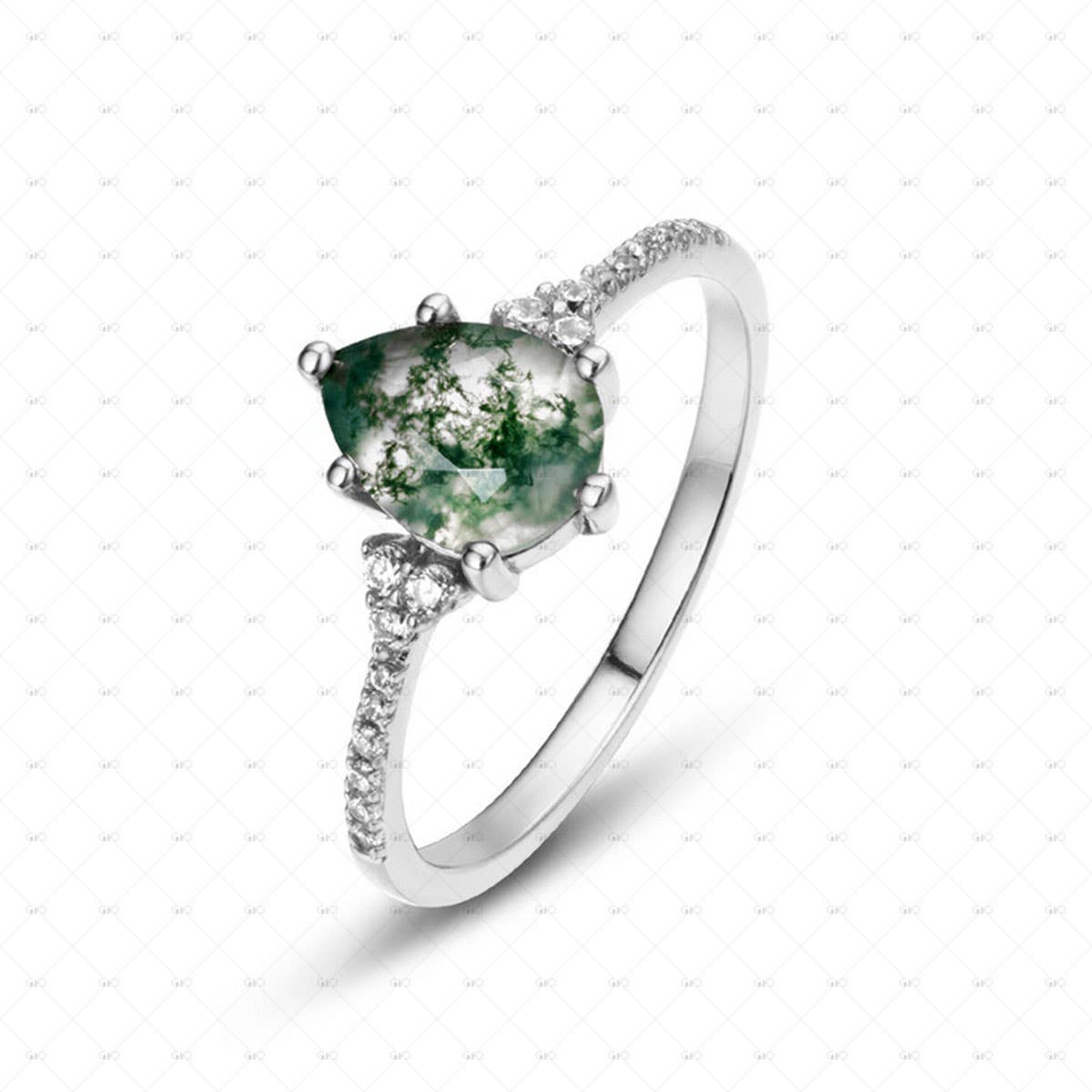 Gioiellin - S925 Silver Jewelry - Venta al por mayor Anillo con gemas - Anillo de Plata de Ley S925 con Ágata Musgosa en Forma de Gota0