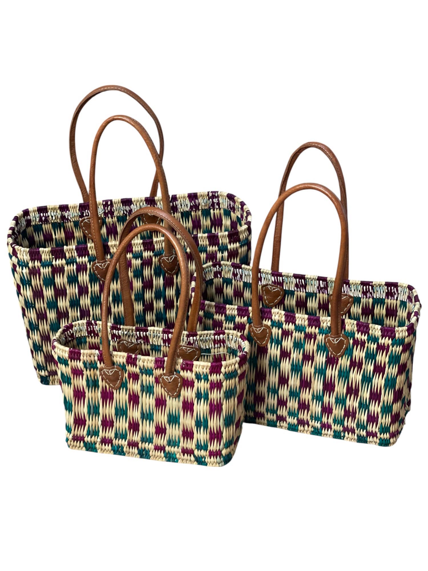 HandHappiness – Großhandel Lebensmittel-/Einkaufstasche – Handgefertigter gewebter Einkaufskorb aus Binsen - Grün & Lila - 311