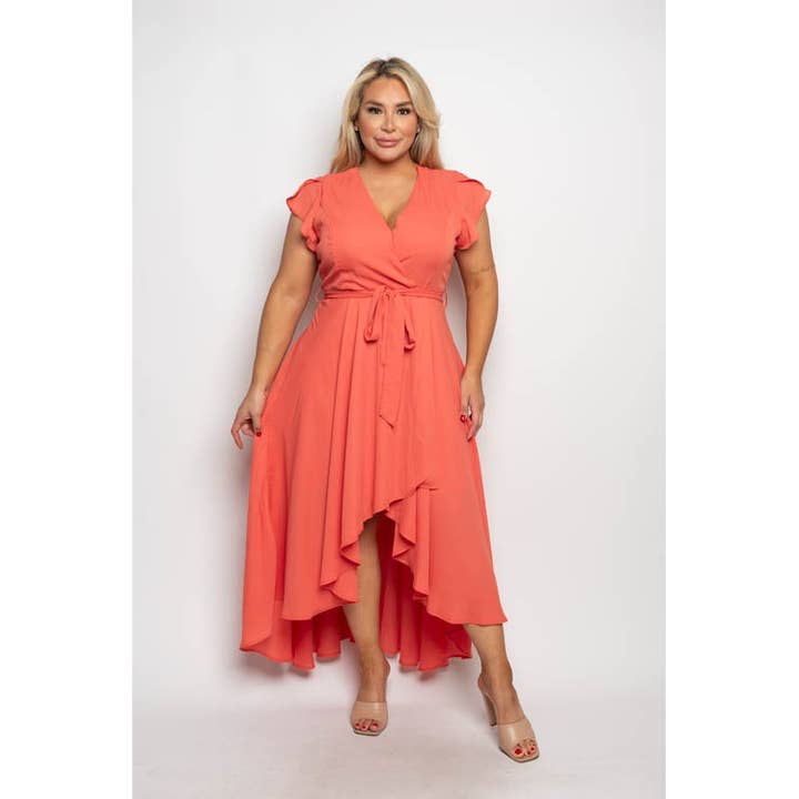 Curve Market - Wholesale Dress - Women's - PLUS SIZE SURPLICE WRAP RUFFLE SLEEVE MIDI DRESS