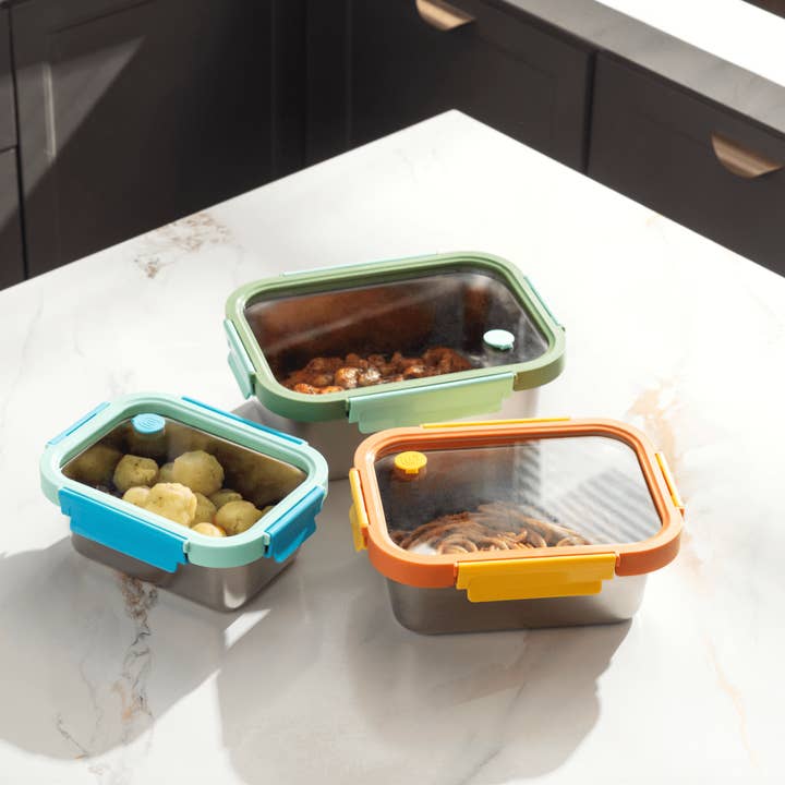 Genicook Product LLC - Wholesale Food Storage Container - Genicook Mix & Match Stainless Steel Microwave Safe Container Set with Glass Lids