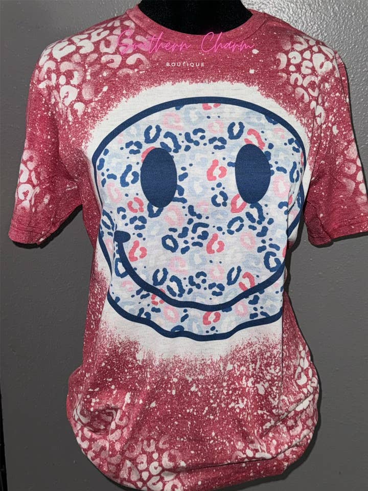 America Leopard Smiley Red Tee for wholesale by Southern Charm Boutique