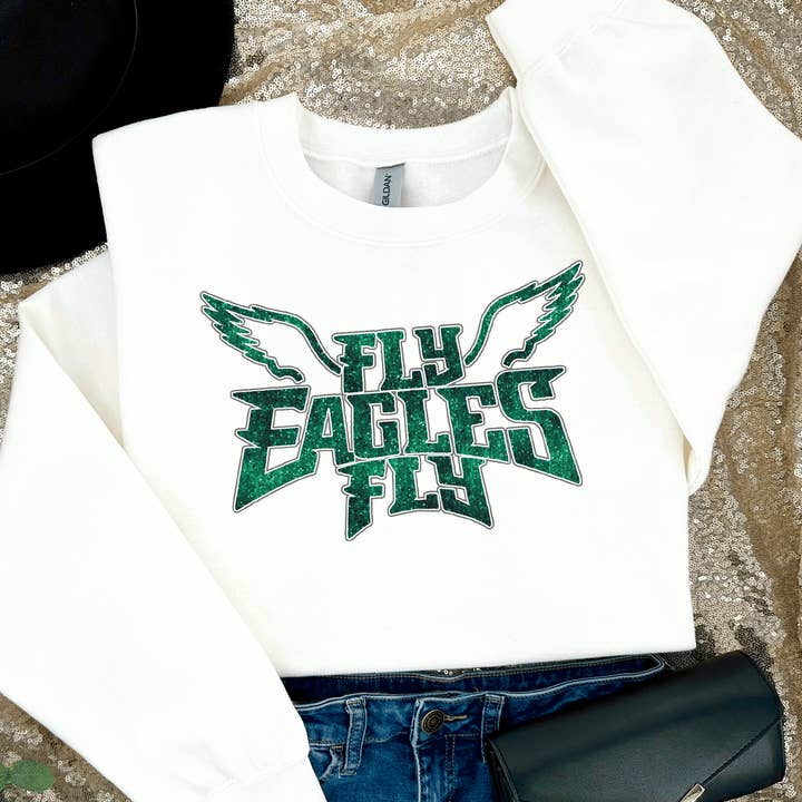 A Blessed Texas Mess Boutique - Wholesale Screen Printed T-Shirt - Women's - Fly Eagles Fly Faux Glitter Bling Philadelphia football