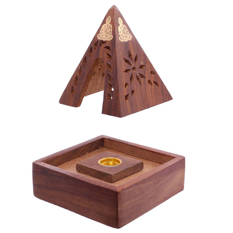 Puckator Ltd - Wholesale Incense Holder - Sheesham Wood Pyramid Incense Cone Burner Box with Buddha4