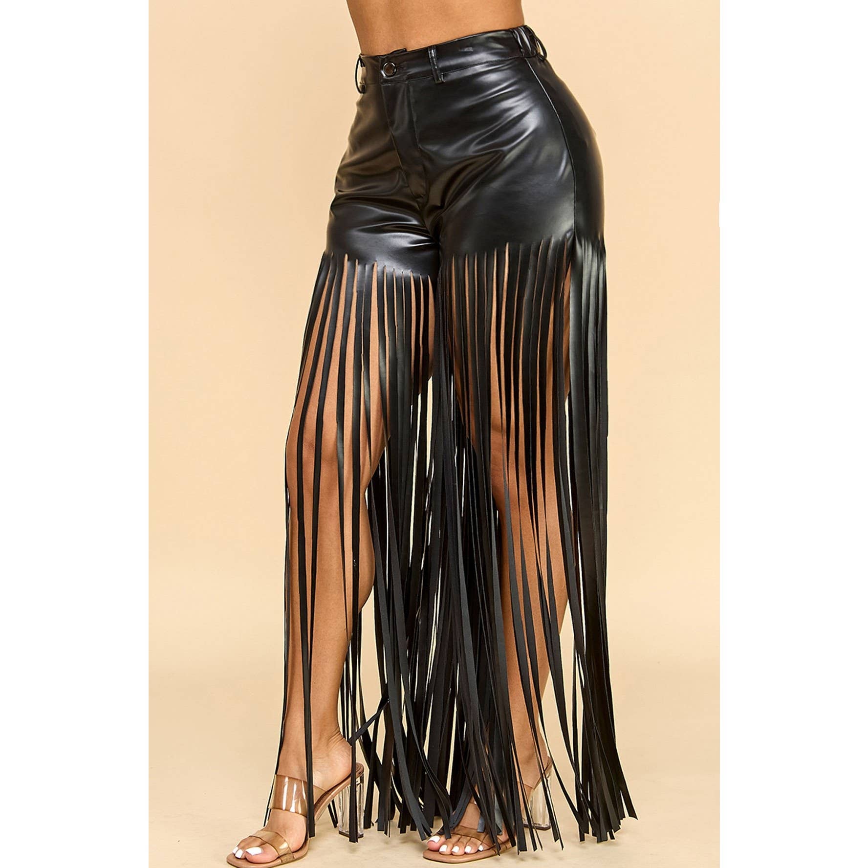BLACK Faux Leather Fringe Pant for wholesale on Faire1