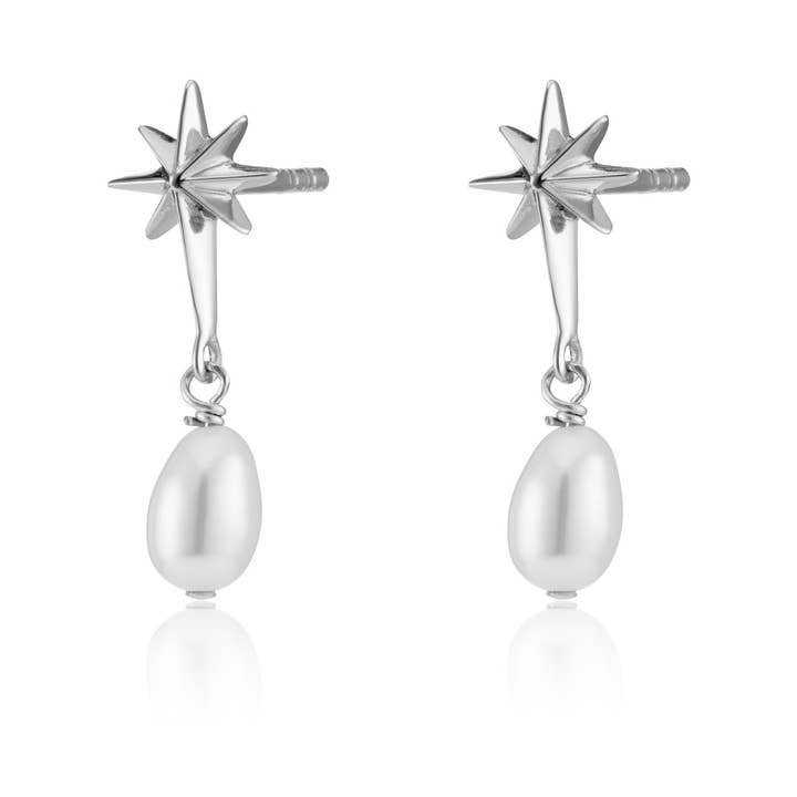 Angel Star and Pearl Drop Stud Earrings for wholesale by Scream Pretty - Recycled Sterling Silver Jewellery