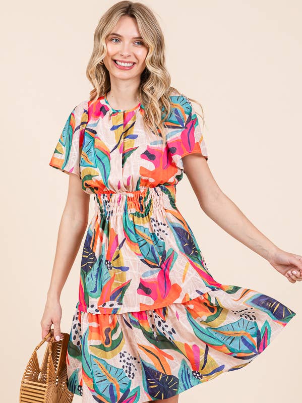 FUCHSIA COMBO SS NEW - Abstract Print Mid Smock Short Sleeve Dress for wholesale on Faire