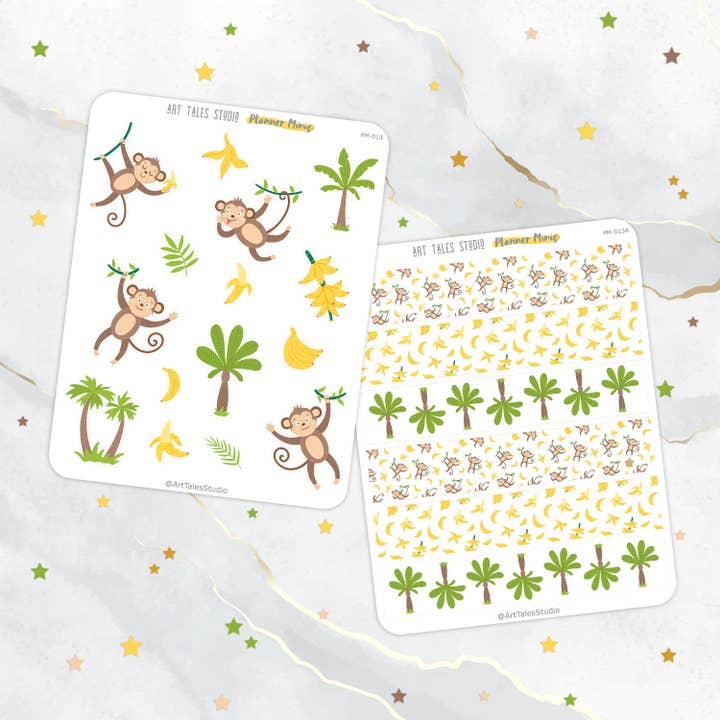 Monkey Stickers, Sticker Sheet & Washi Tape Set, Animal Sticker Sheet, Planner Stickers, Scrapbook, Stationary, Bujo, Jungle, Banana, Trees for wholesale by Art Tales Studio