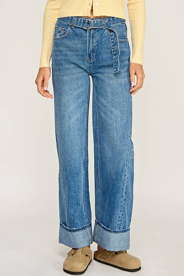 Denim Blue BELTED CUFFED WIDE LEG JEANS for wholesale on Faire4
