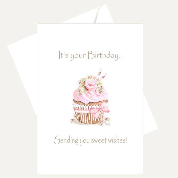 It's Your Birthday - Sweet Wishes Pink Roses Cupcake Card for wholesale by Bellflower Girl