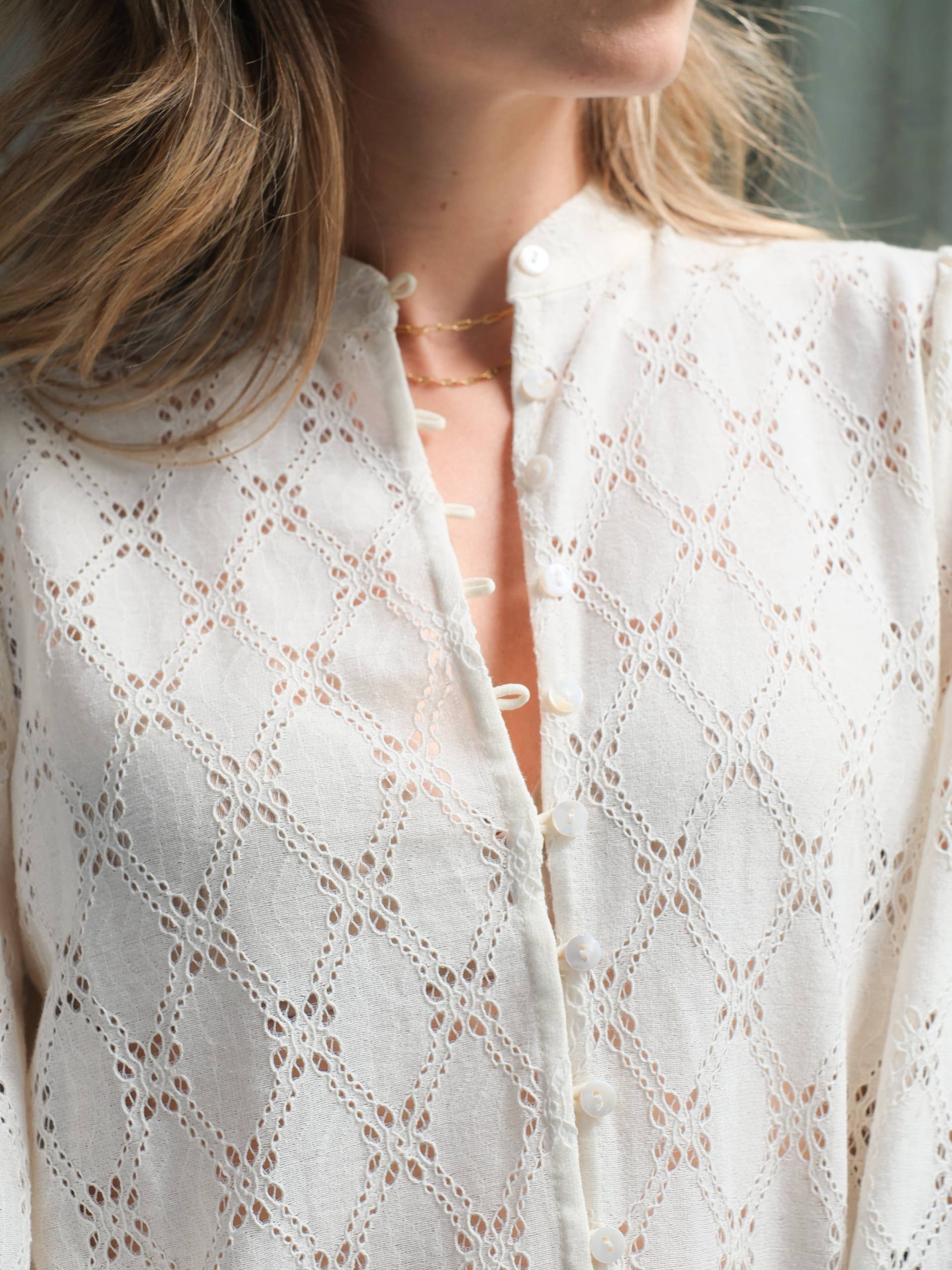 LOVIE & CO - Wholesale Button Down Shirt - Women's - Eyelet embroidery blouse with tied cuffs - 4962T-NORA3