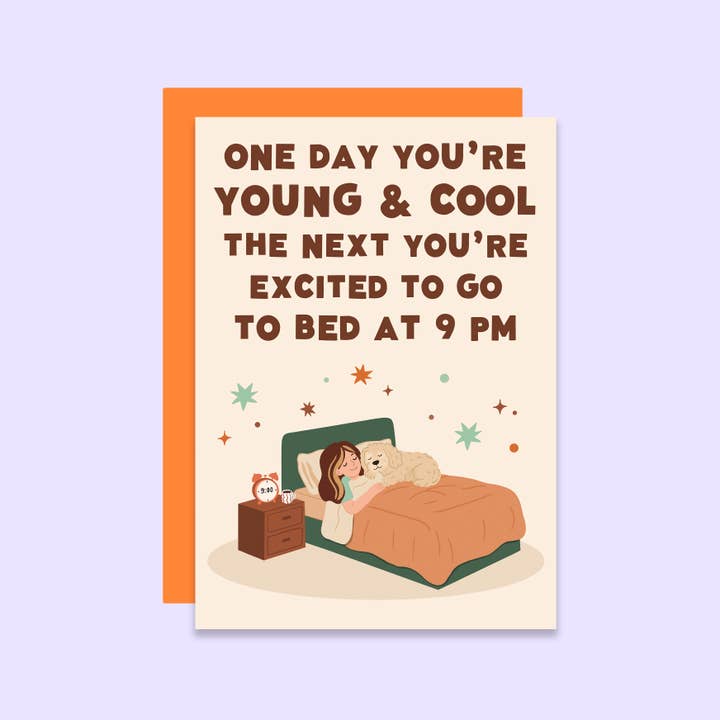 Early Bedtime Funny Birthday Card | Young & Cool for wholesale by Tikkled Pink