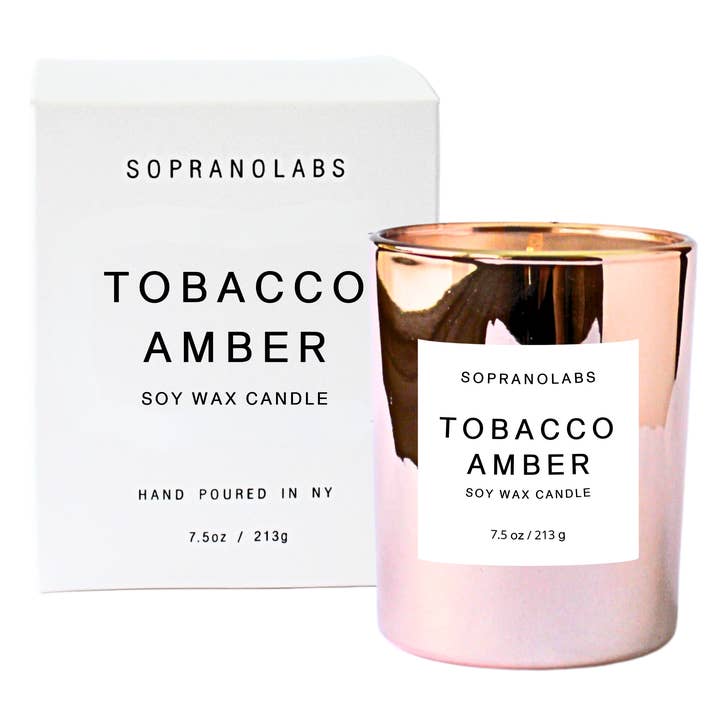 TOBACCO AMBER Soy Candle. Clean Vegan Gift Hand-poured in NY for wholesale by SopranoLabs