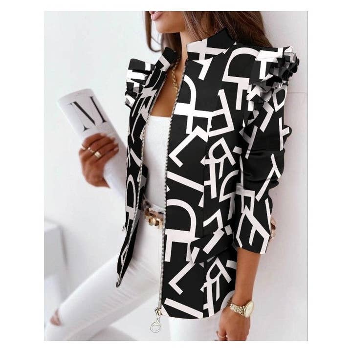 Ekartini - Wholesale Shirt Jacket/Shacket - Women's - Ruffled Long-Sleeved Stand Collar Zipper Print Shacket3