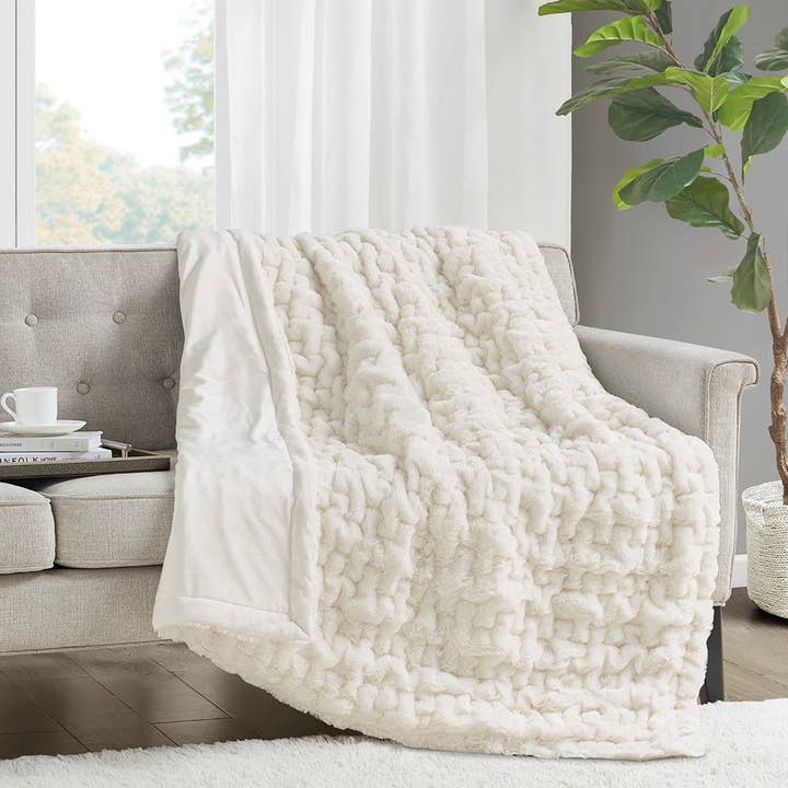 Olliix - Wholesale Throw Blanket - Soft Warm Ruched 50x60" Throw Blanket, Ivory