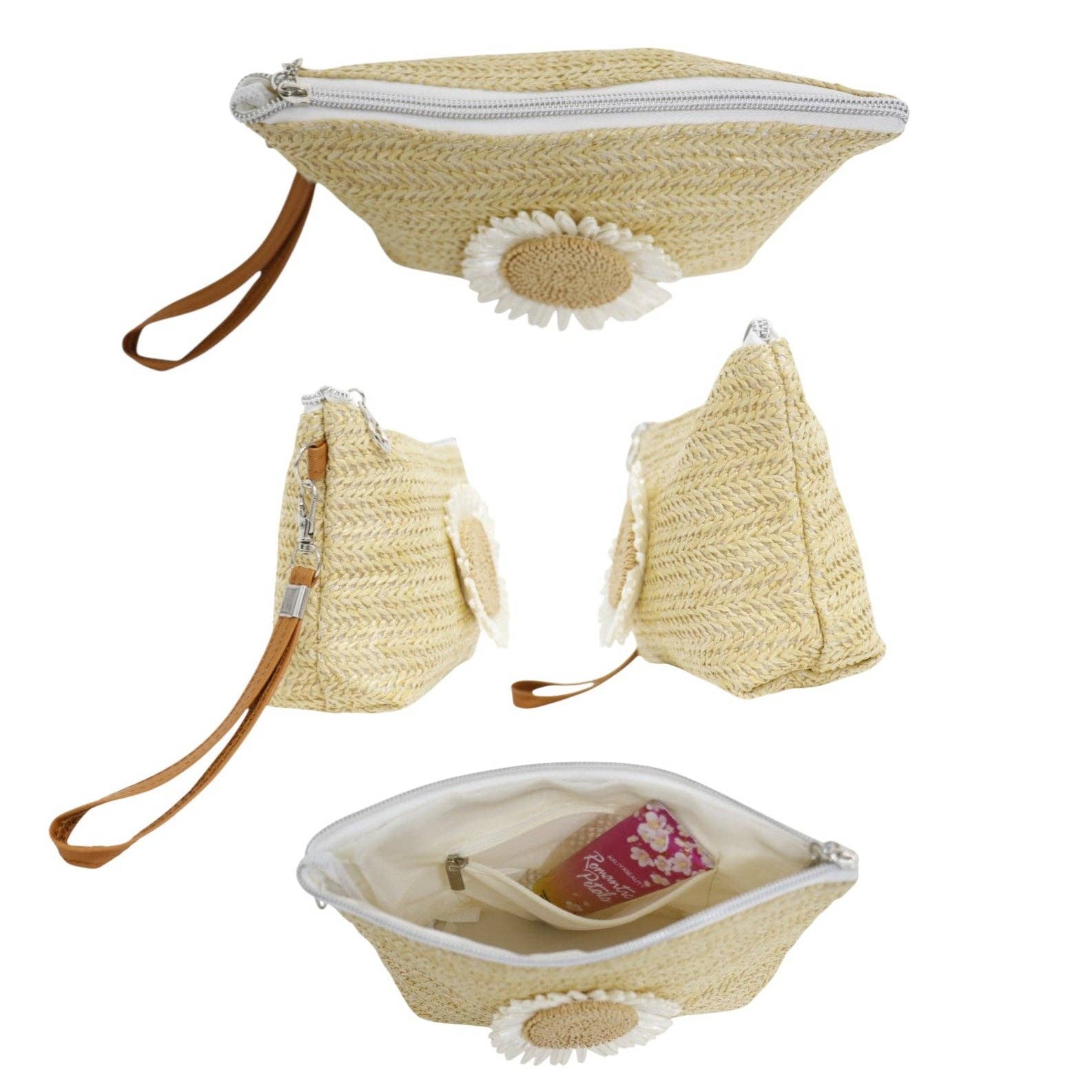 ASSORTED Daisy Flower Straw Makeup Pouch JB5526-7. (12PC) for wholesale on Faire5