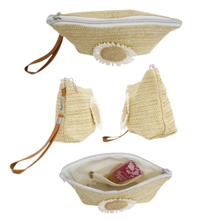 ASSORTED Daisy Flower Straw Makeup Pouch JB5526-7. (12PC) for wholesale on Faire5