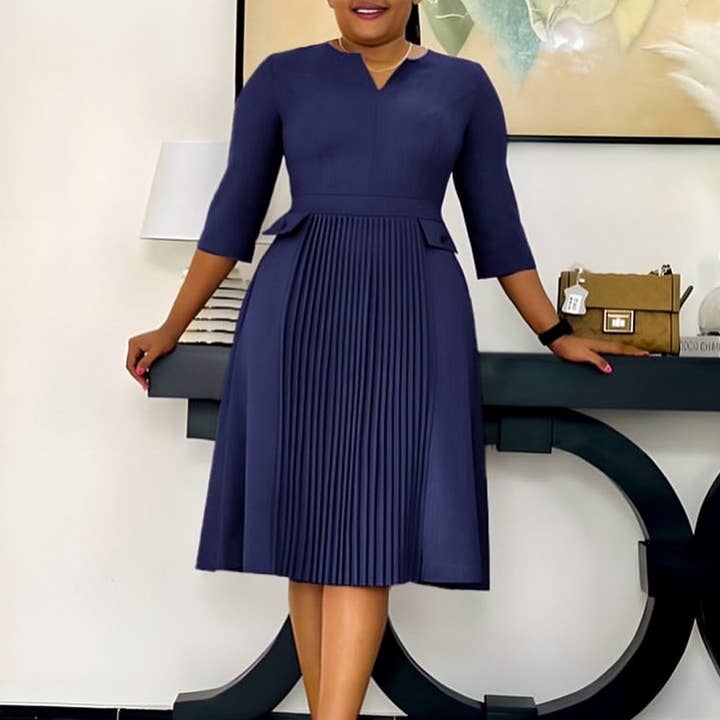 ACCITY - Wholesale Dress - Women's - OVERSIZED PLEATED THREE-QUARTER SLEEVE DRESS_CWDSD6088