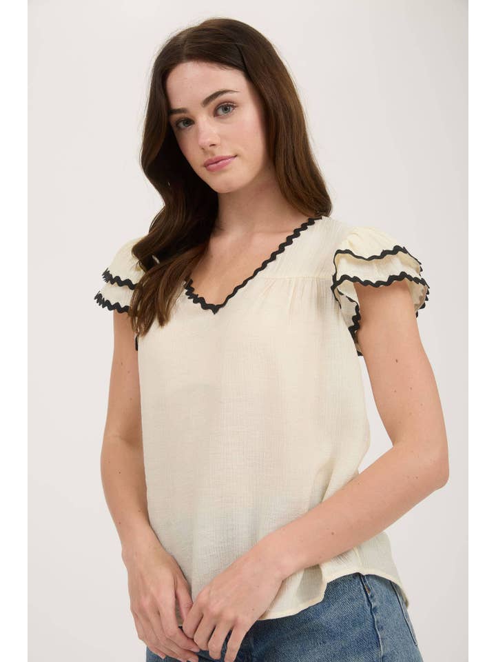 MINE - Wholesale Blouse - Women's - V NECK WAVY TRIM RUFFLE SLEEVE TOP2