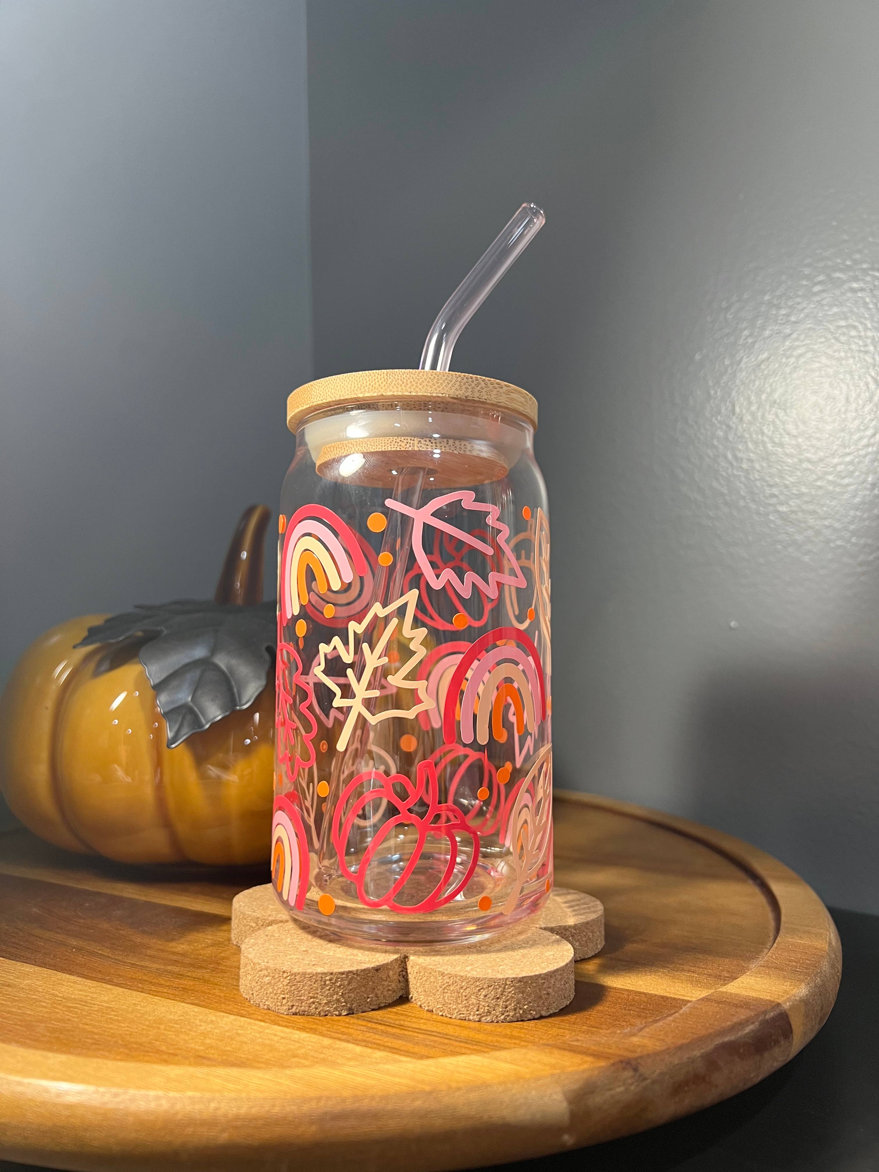 KDC Craft Shop - Wholesale Drinking Glass/Cup - Rainbows & Leaves Fall Glass Cup1