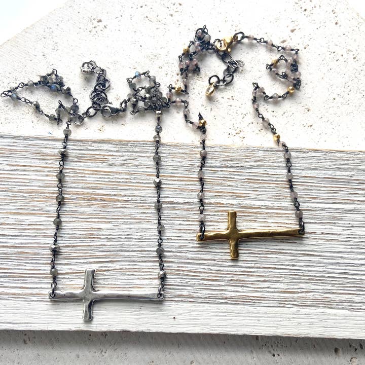 Sideways cross necklace pyrite semi precious jewelry for wholesale by VB&CO Designs Handmade Jewelry