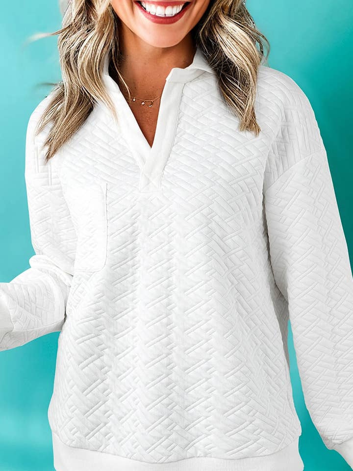 White Textured Pocketed Collared V Neck Pullover Sweatshirt for wholesale by Lovesoft