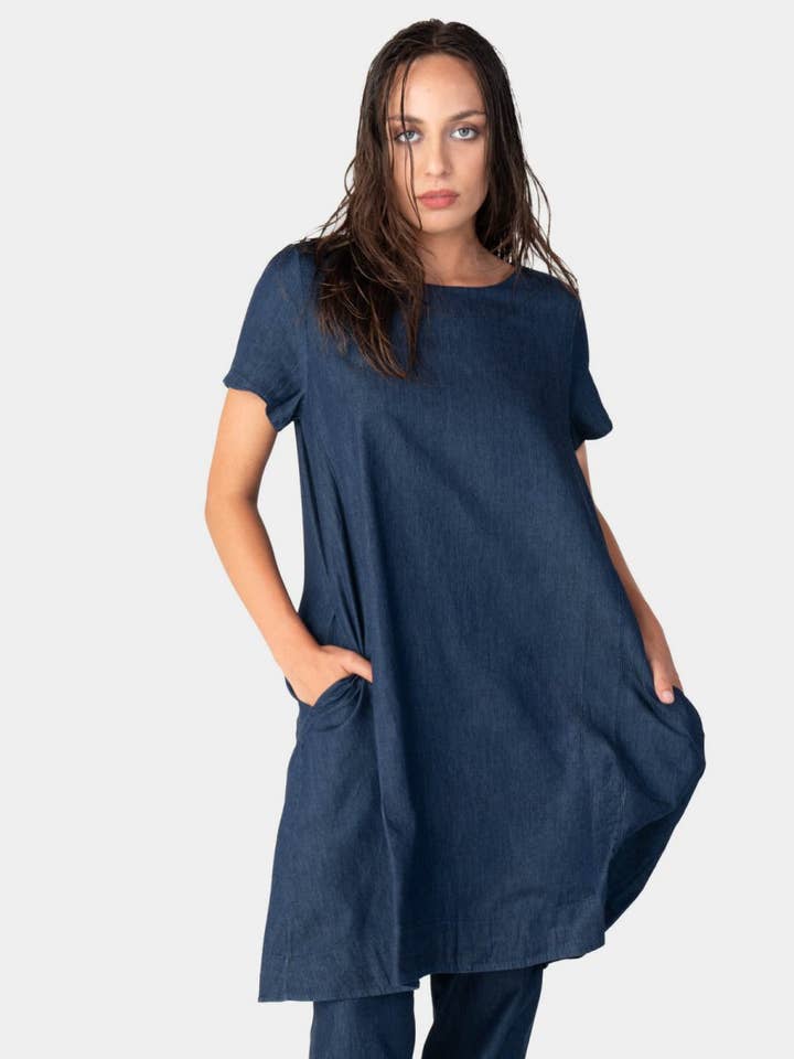 Indigo Round Neck Denim Day Dress for wholesale on Faire