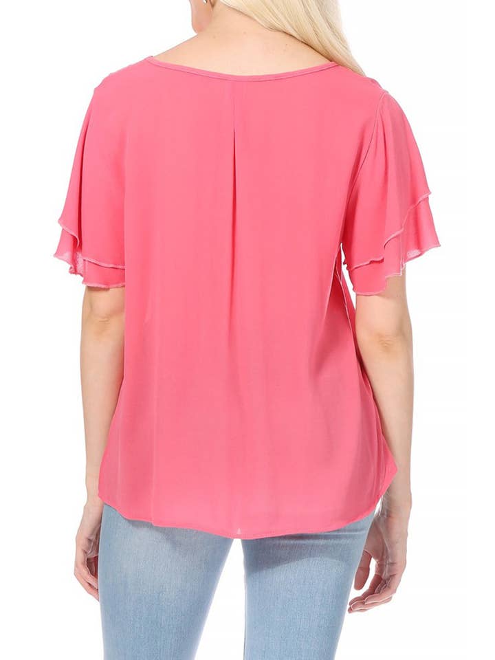 MOA COLLECTION - Wholesale Blouse - Women's - Casual Solid Flowy Short Flutter Sleeve Key Hole Blouse10