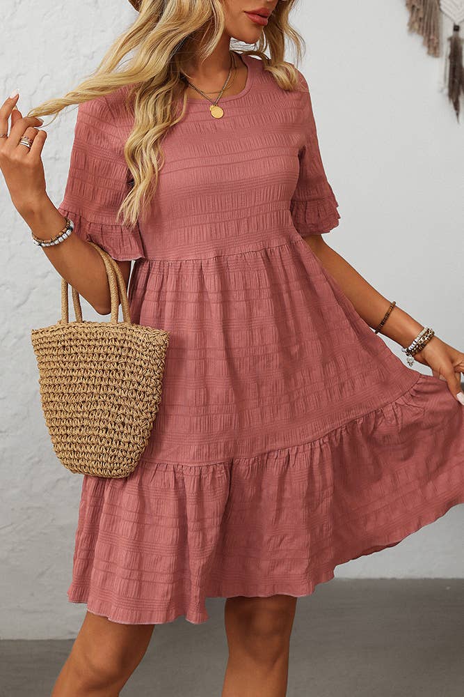 UNISHE – Vestido - Mulher por atacado – Vestido Fluido de Cor Sólida com Manga Curta Solta MD16118