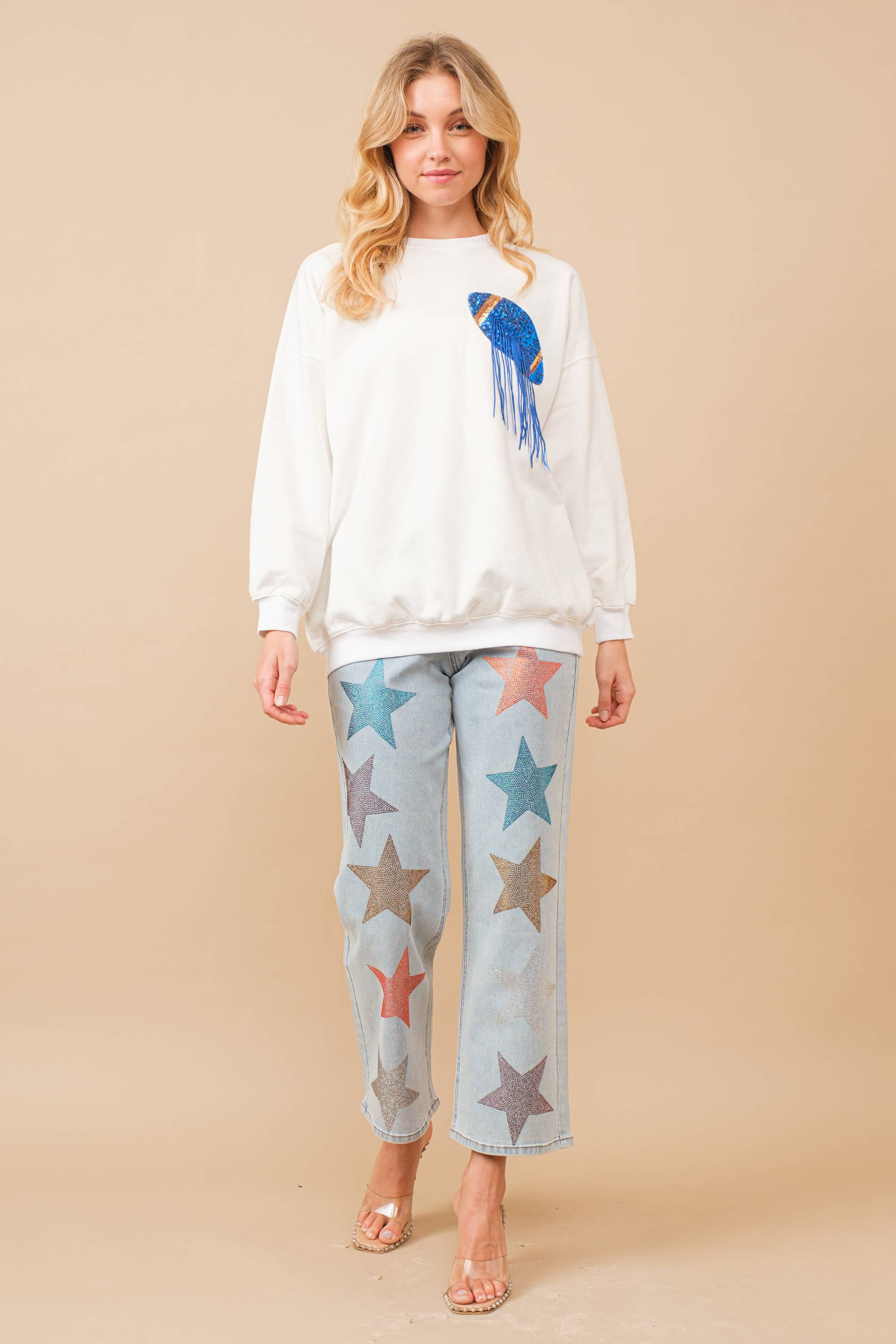 Blue B - Wholesale Sweatshirt - Women's - 34253T - Fleece Terry Football Sequin Fringe Sweatshirt4