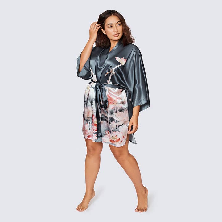 night shadow Washable Silk Lotus Short Kimono Robe (Plus Size) for wholesale on Faire