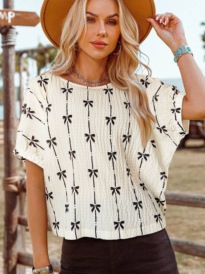 Spring Fashion-W Bow Print Puff Short Sleeve Top for wholesale by fashionworks