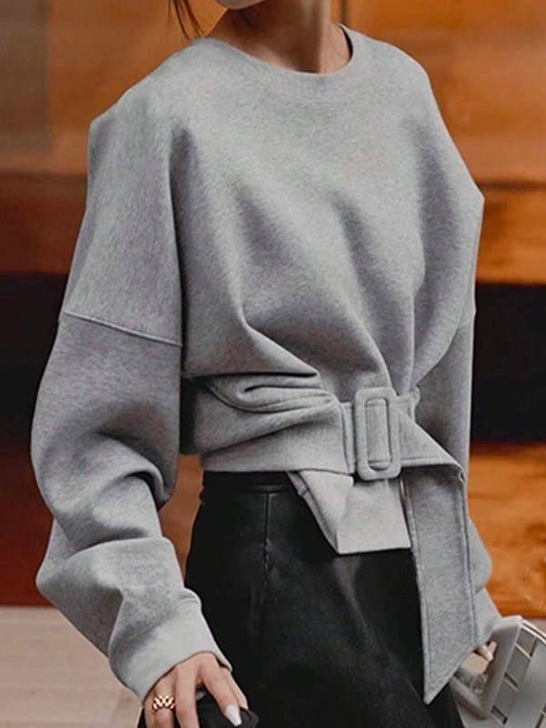 UZ Wholesale Store – Sweatshirt - Mulher por atacado – Camisola de Manga Comprida com Cinto Solto, Fivela, Cor Sólida e Gola Redonda
