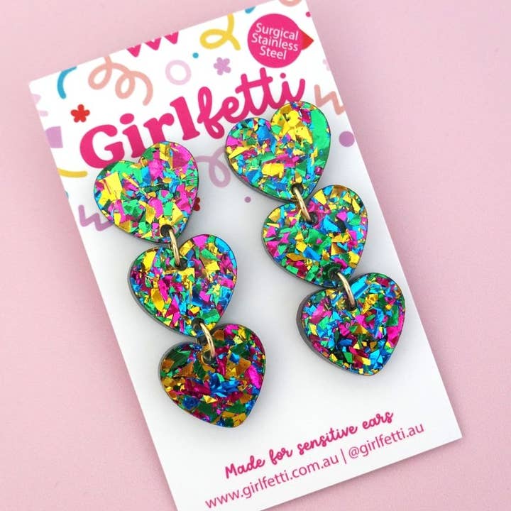 Girlfetti - Wholesale Dangle Earrings - Triple Heart Acrylic Dangle Earrings1