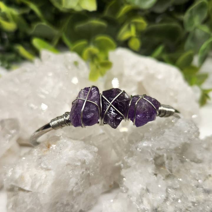 Meraki Gemstones - Wholesale Cuff Bracelet - Amethyst 3 Rough Gemstones Wire Wrapped Bangle Bracelet6